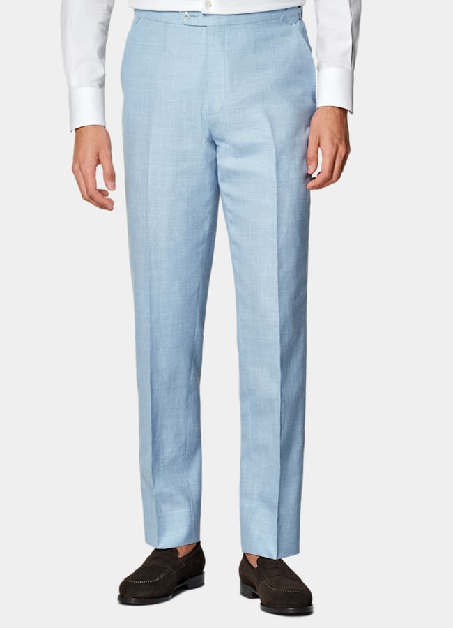 SUITSUPPLY Summer Wool Silk Linen by E.Thomas, Italy Light Blue Three-Piece Tailored Fit Havana Suit