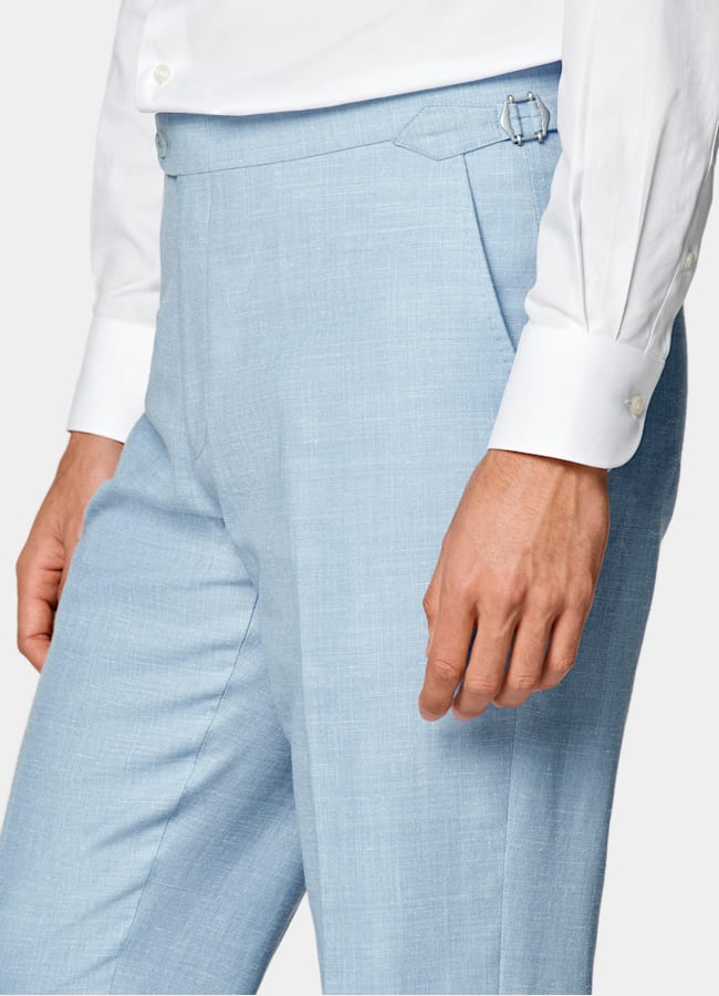 SUITSUPPLY Summer Wool Silk Linen by E.Thomas, Italy Light Blue Three-Piece Tailored Fit Havana Suit