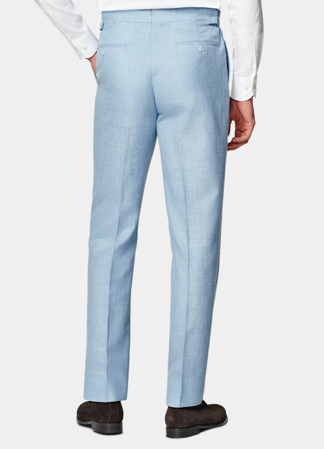 SUITSUPPLY Summer Wool Silk Linen by E.Thomas, Italy Light Blue Three-Piece Tailored Fit Havana Suit