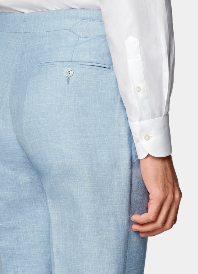 SUITSUPPLY Summer Wool Silk Linen by E.Thomas, Italy Light Blue Three-Piece Tailored Fit Havana Suit