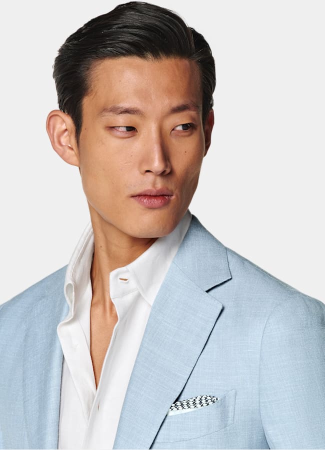 SUITSUPPLY Summer Wool Silk Linen by E.Thomas, Italy Light Blue Tailored Fit Havana Suit