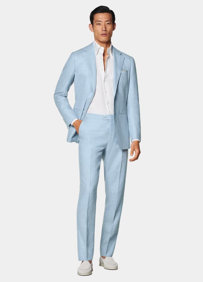 SUITSUPPLY Summer Wool Silk Linen by E.Thomas, Italy Light Blue Tailored Fit Havana Suit
