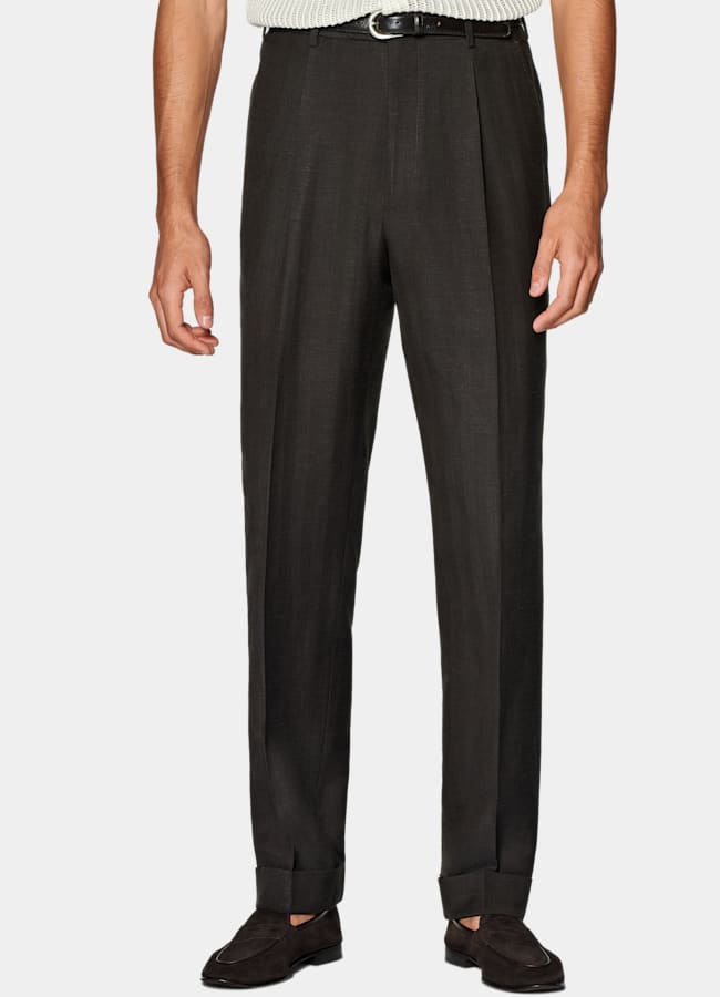 SUITSUPPLY Summer Wool Silk Linen by Rogna, Italy Dark Brown Herringbone Tailored Fit Havana Suit