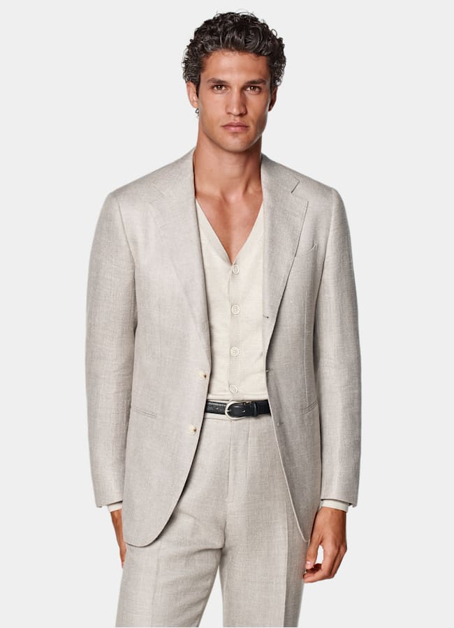 SUITSUPPLY Summer Silk Linen Wool by E.Thomas, Italy Light Taupe Tailored Fit Havana Suit