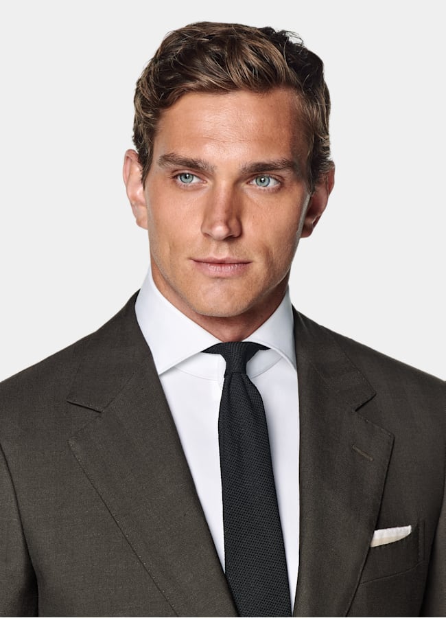 SUITSUPPLY Summer Wool Silk Linen by Rogna, Italy Dark Brown Herringbone Tailored Fit Milano Suit