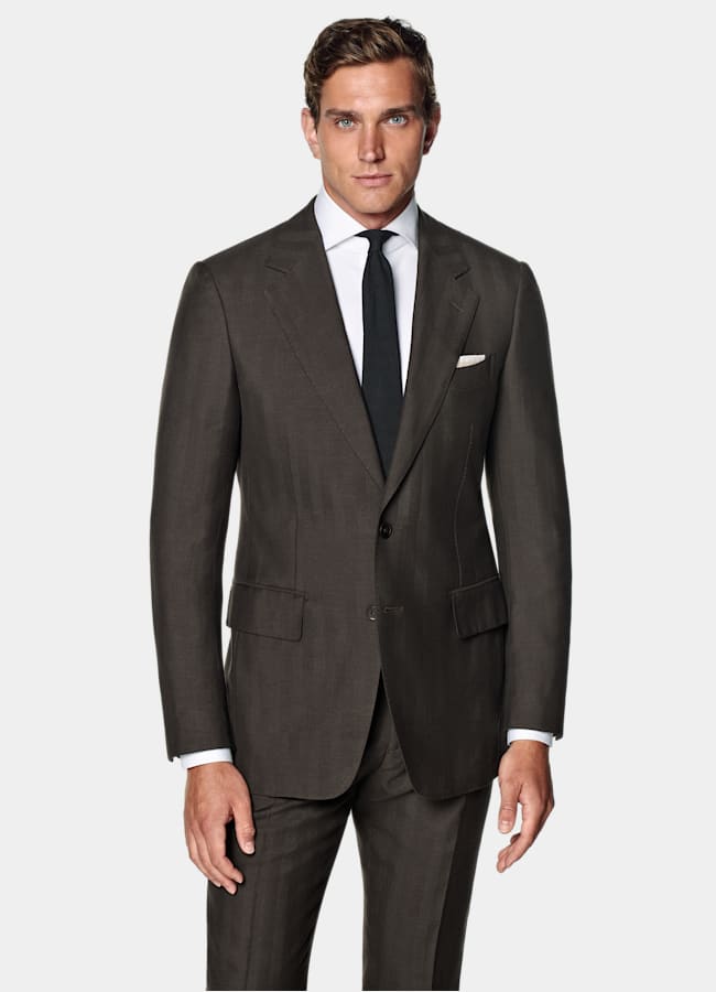 SUITSUPPLY Summer Wool Silk Linen by Rogna, Italy Dark Brown Herringbone Tailored Fit Milano Suit