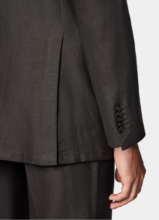 SUITSUPPLY Summer Wool Silk Linen by Rogna, Italy Dark Brown Herringbone Tailored Fit Milano Suit