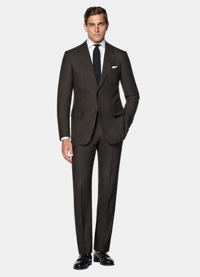 SUITSUPPLY Summer Wool Silk Linen by Rogna, Italy Dark Brown Herringbone Tailored Fit Milano Suit