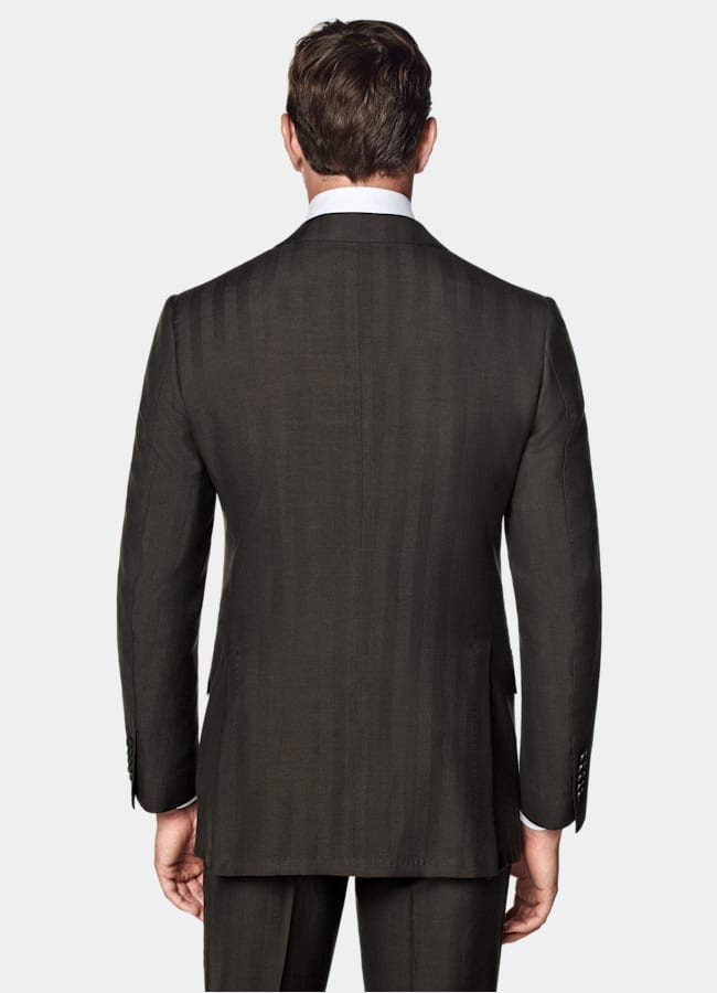 SUITSUPPLY Summer Wool Silk Linen by Rogna, Italy Dark Brown Herringbone Tailored Fit Milano Suit