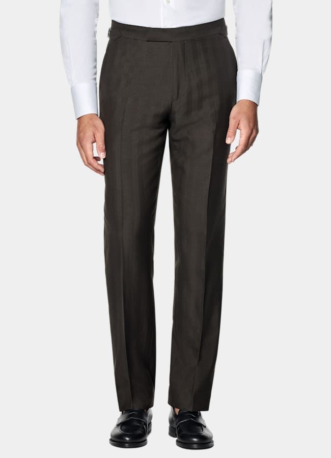 SUITSUPPLY Summer Wool Silk Linen by Rogna, Italy Dark Brown Herringbone Tailored Fit Milano Suit