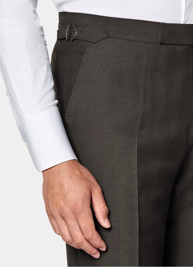 SUITSUPPLY Summer Wool Silk Linen by Rogna, Italy Dark Brown Herringbone Tailored Fit Milano Suit