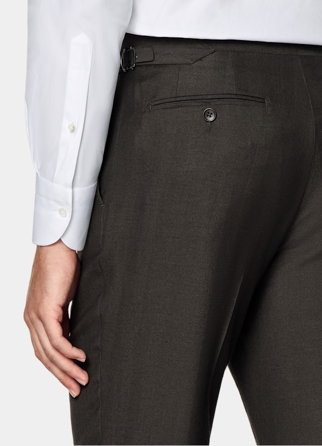 SUITSUPPLY Summer Wool Silk Linen by Rogna, Italy Dark Brown Herringbone Tailored Fit Milano Suit