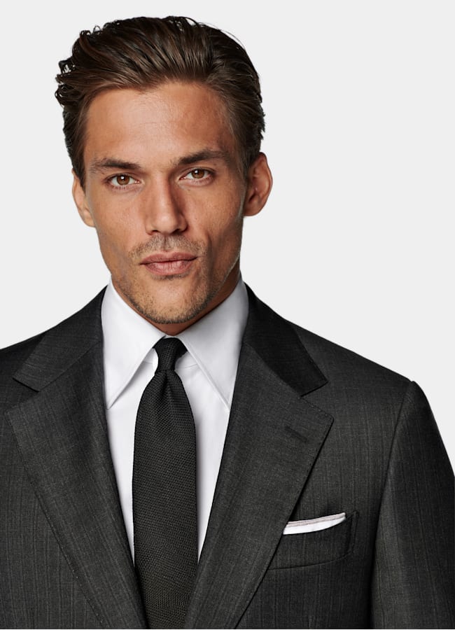 SUITSUPPLY All Season Pure S130's Wool by Carlo Barbera, Italy Dark Grey Striped Tailored Fit Milano Suit