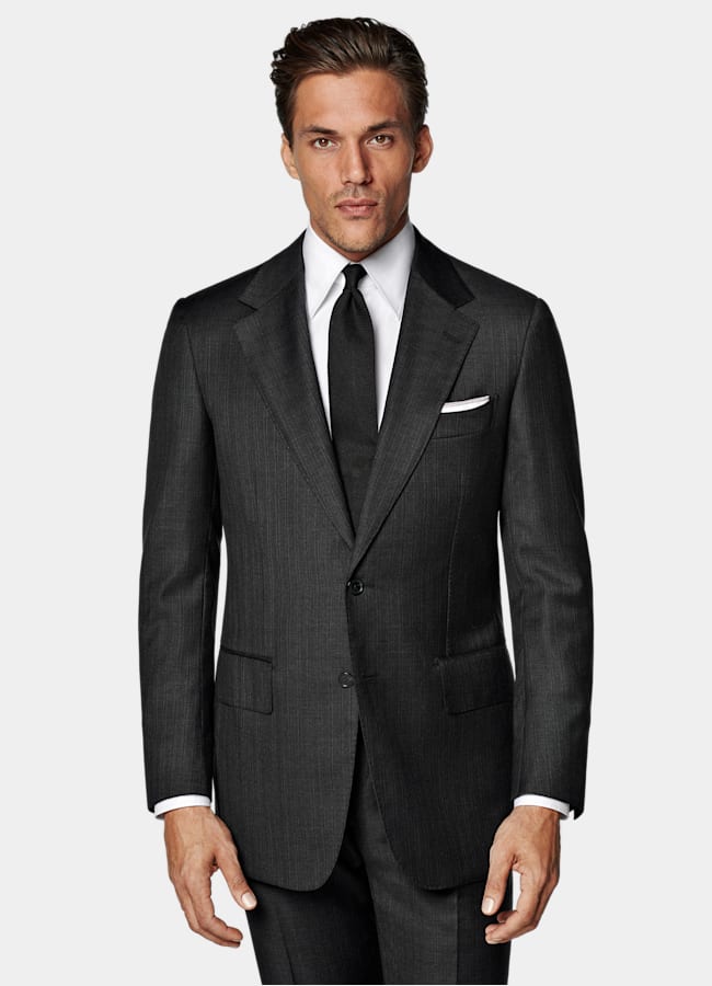 SUITSUPPLY All Season Pure S130's Wool by Carlo Barbera, Italy Dark Grey Striped Tailored Fit Milano Suit