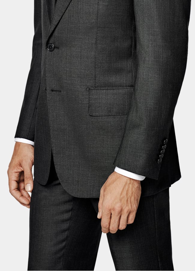 SUITSUPPLY All Season Pure S130's Wool by Carlo Barbera, Italy Dark Grey Striped Tailored Fit Milano Suit