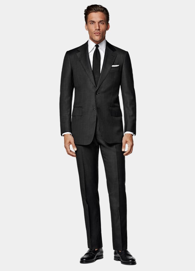 SUITSUPPLY All Season Pure S130's Wool by Carlo Barbera, Italy Dark Grey Striped Tailored Fit Milano Suit