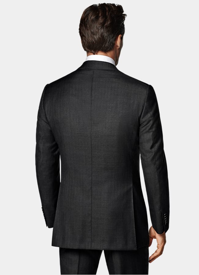 SUITSUPPLY All Season Pure S130's Wool by Carlo Barbera, Italy Dark Grey Striped Tailored Fit Milano Suit