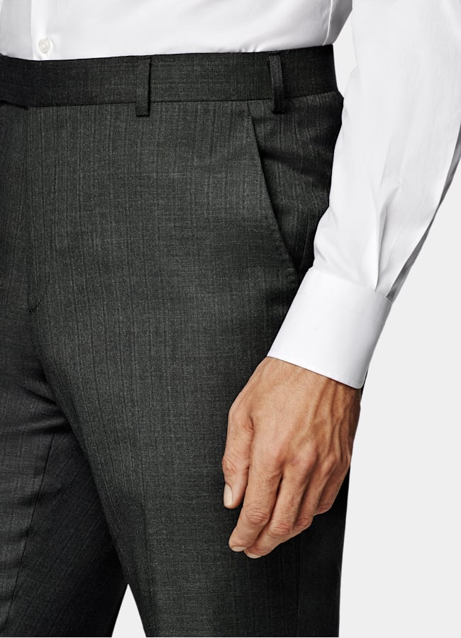 SUITSUPPLY All Season Pure S130's Wool by Carlo Barbera, Italy Dark Grey Striped Tailored Fit Milano Suit