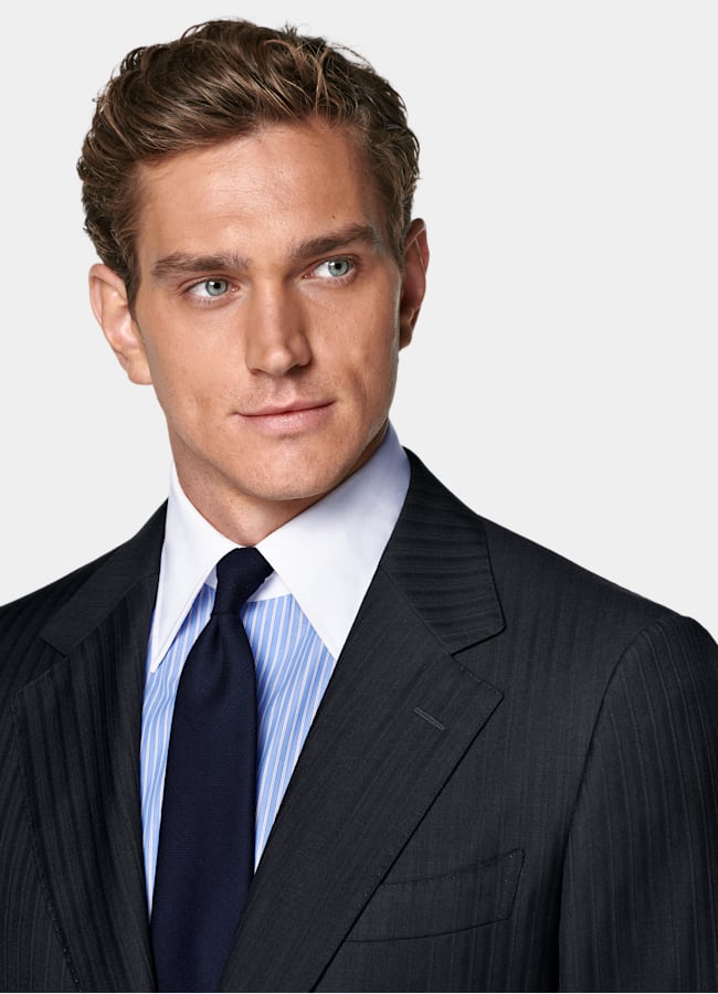 SUITSUPPLY All Season Pure S130's Wool by Drago, Italy Navy Striped Tailored Fit Milano Suit