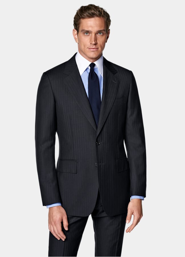 SUITSUPPLY All Season Pure S130's Wool by Drago, Italy Navy Striped Tailored Fit Milano Suit