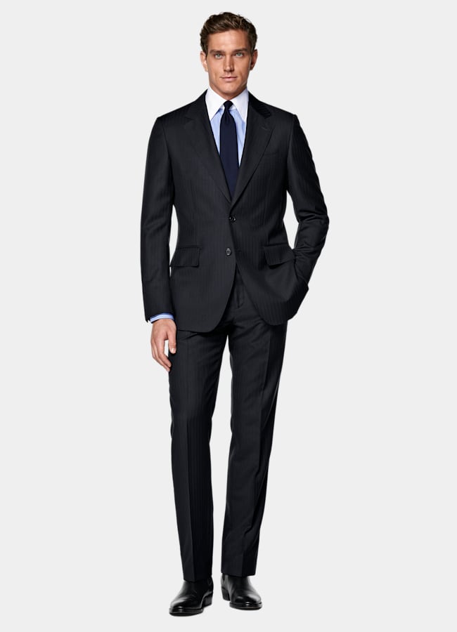 SUITSUPPLY All Season Pure S130's Wool by Drago, Italy Navy Striped Tailored Fit Milano Suit