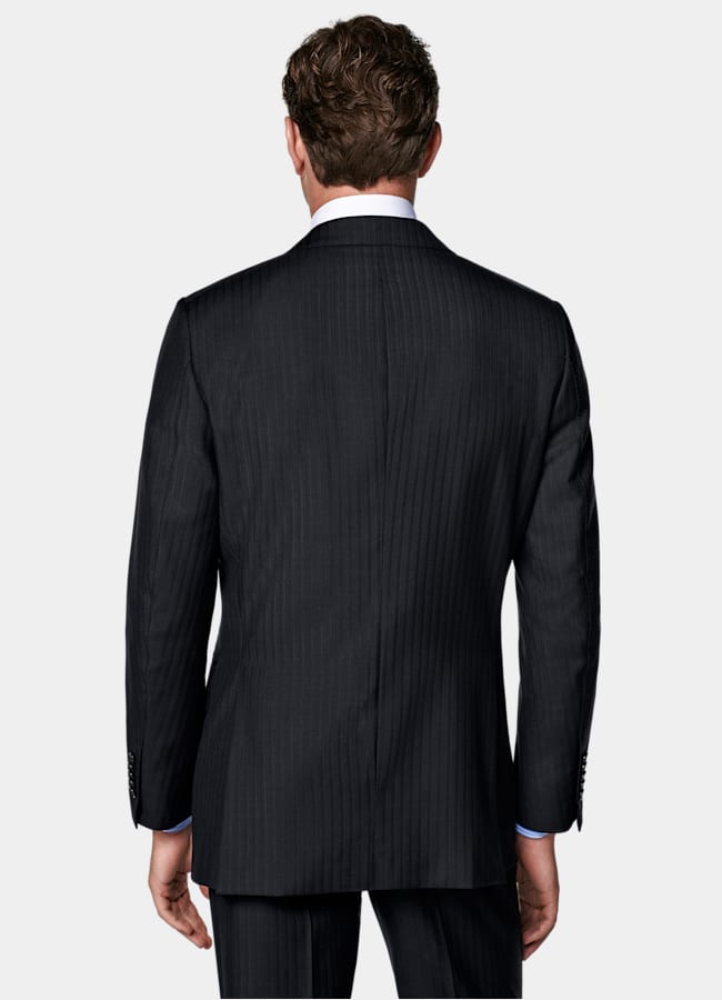 SUITSUPPLY All Season Pure S130's Wool by Drago, Italy Navy Striped Tailored Fit Milano Suit