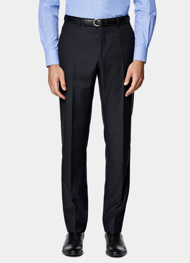 SUITSUPPLY All Season Pure S130's Wool by Drago, Italy Navy Striped Tailored Fit Milano Suit