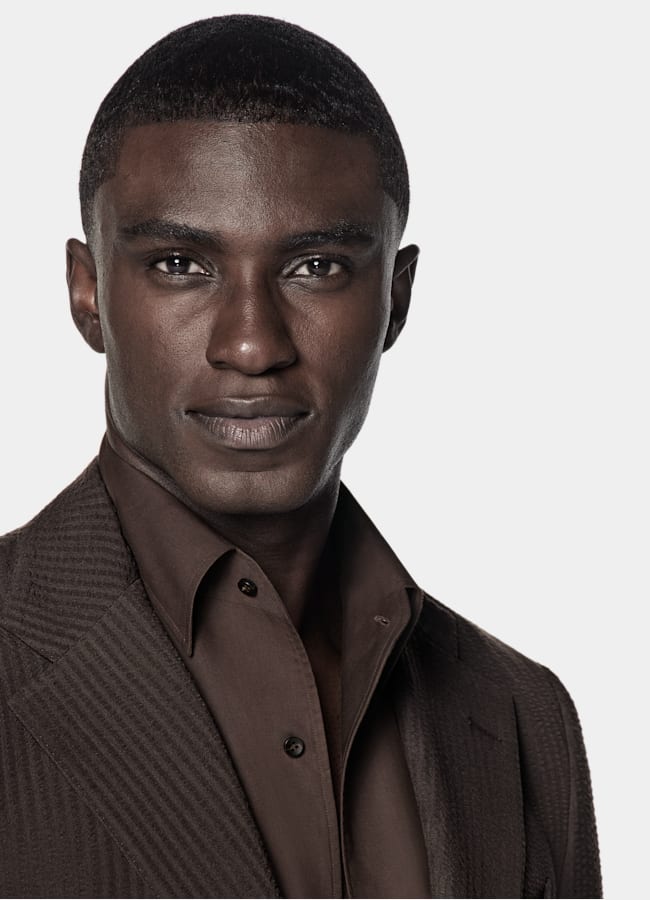 SUITSUPPLY Sommer Reine Schurwolle Seersucker von Delfino, Italien Roma Anzug dunkelbraun Relaxed Fit