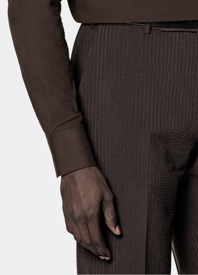 SUITSUPPLY Sommer Reine Schurwolle Seersucker von Delfino, Italien Roma Anzug dunkelbraun Relaxed Fit