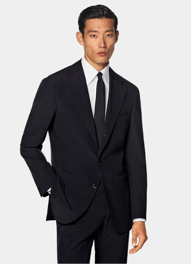 SUITSUPPLY Summer Pure Wool Seersucker by Delfino, Italy Navy Relaxed Fit Roma Suit