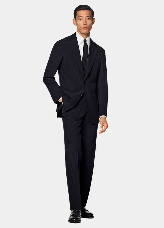 SUITSUPPLY Summer Pure Wool Seersucker by Delfino, Italy Navy Relaxed Fit Roma Suit