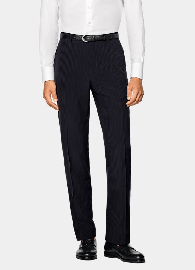 SUITSUPPLY Summer Pure Wool Seersucker by Delfino, Italy Navy Relaxed Fit Roma Suit