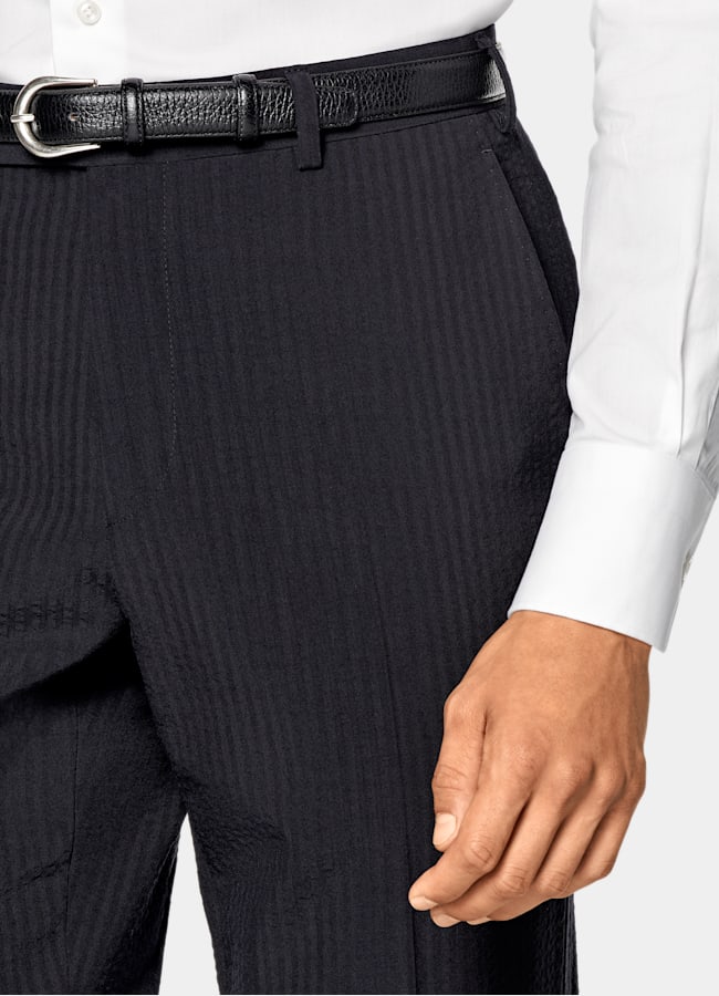 SUITSUPPLY Summer Pure Wool Seersucker by Delfino, Italy Navy Relaxed Fit Roma Suit