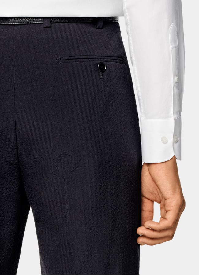 SUITSUPPLY Summer Pure Wool Seersucker by Delfino, Italy Navy Relaxed Fit Roma Suit