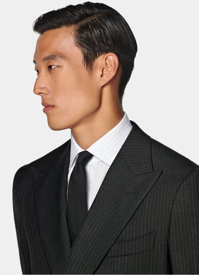 SUITSUPPLY All Season Pure Wool by Marling & Evans, United Kingdom Black Striped Tailored Fit Milano Suit