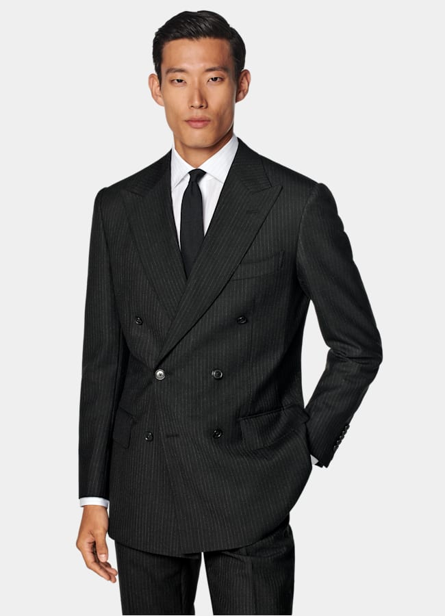 SUITSUPPLY All Season Pure Wool by Marling & Evans, United Kingdom Black Striped Tailored Fit Milano Suit