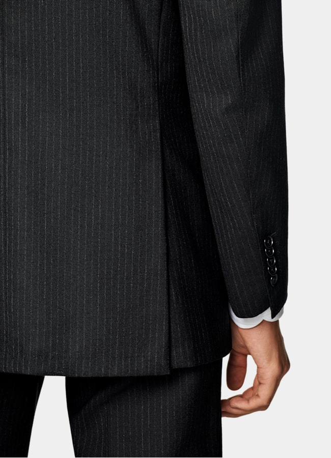 SUITSUPPLY All Season Pure Wool by Marling & Evans, United Kingdom Black Striped Tailored Fit Milano Suit