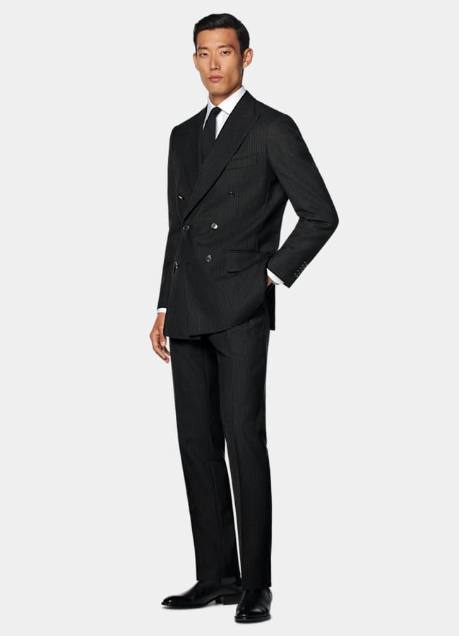 SUITSUPPLY All Season Pure Wool by Marling & Evans, United Kingdom Black Striped Tailored Fit Milano Suit