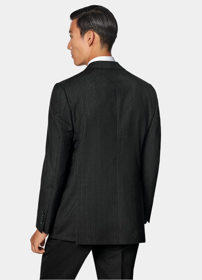 SUITSUPPLY All Season Pure Wool by Marling & Evans, United Kingdom Black Striped Tailored Fit Milano Suit