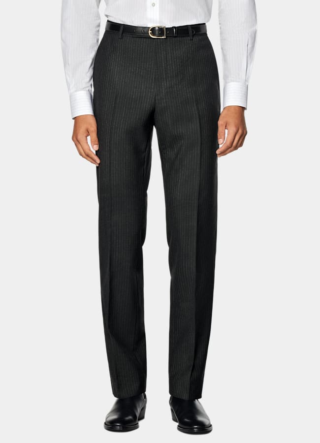 SUITSUPPLY All Season Pure Wool by Marling & Evans, United Kingdom Black Striped Tailored Fit Milano Suit