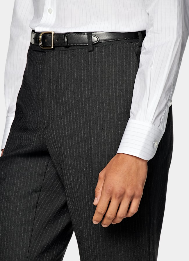 SUITSUPPLY All Season Pure Wool by Marling & Evans, United Kingdom Black Striped Tailored Fit Milano Suit