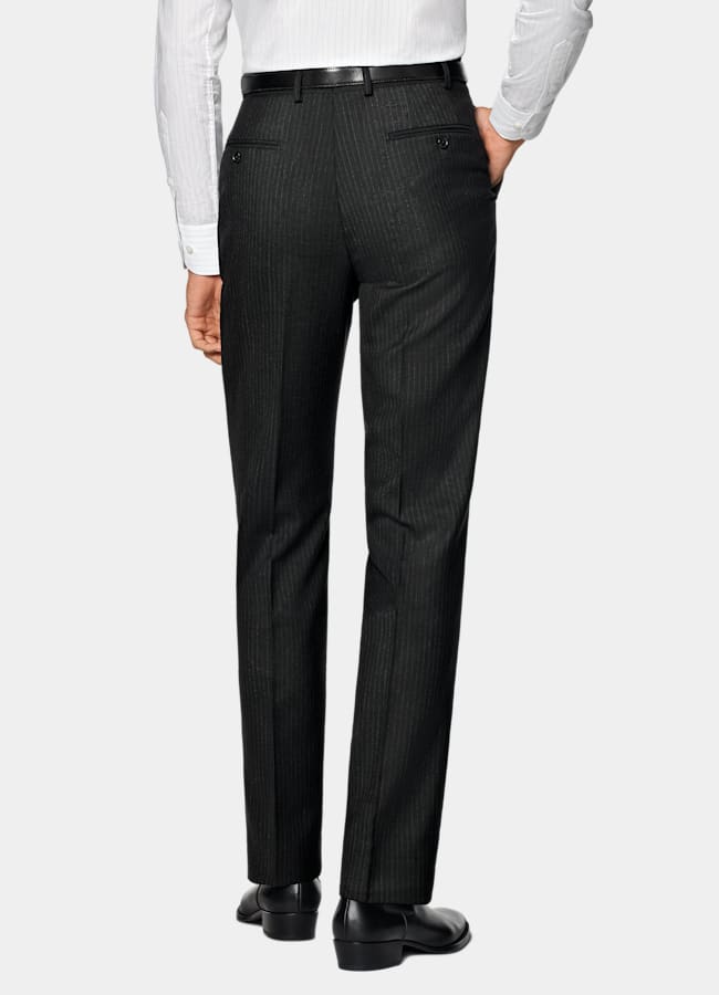 SUITSUPPLY All Season Pure Wool by Marling & Evans, United Kingdom Black Striped Tailored Fit Milano Suit