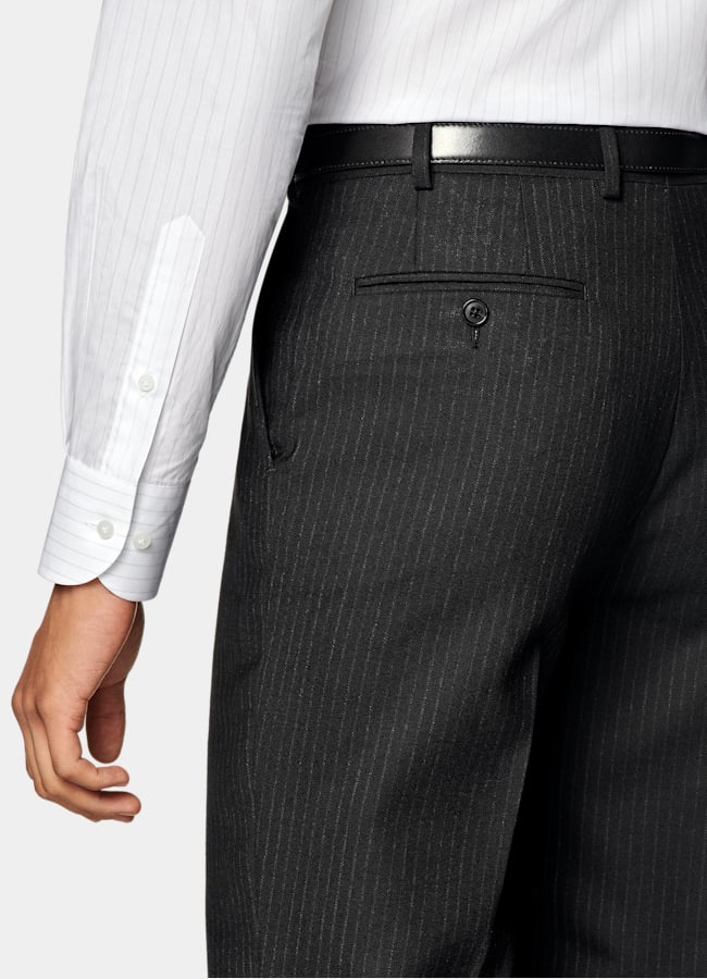 SUITSUPPLY All Season Pure Wool by Marling & Evans, United Kingdom Black Striped Tailored Fit Milano Suit