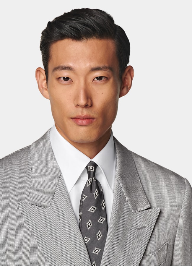 SUITSUPPLY All Season Wool Silk by Rogna, Italy Grey Herringbone Tailored Fit Milano Suit