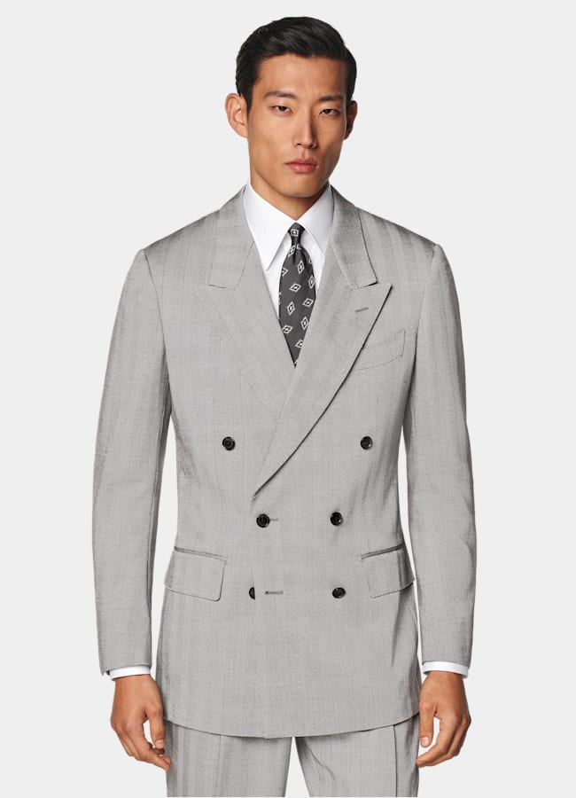 SUITSUPPLY All Season Wool Silk by Rogna, Italy Grey Herringbone Tailored Fit Milano Suit
