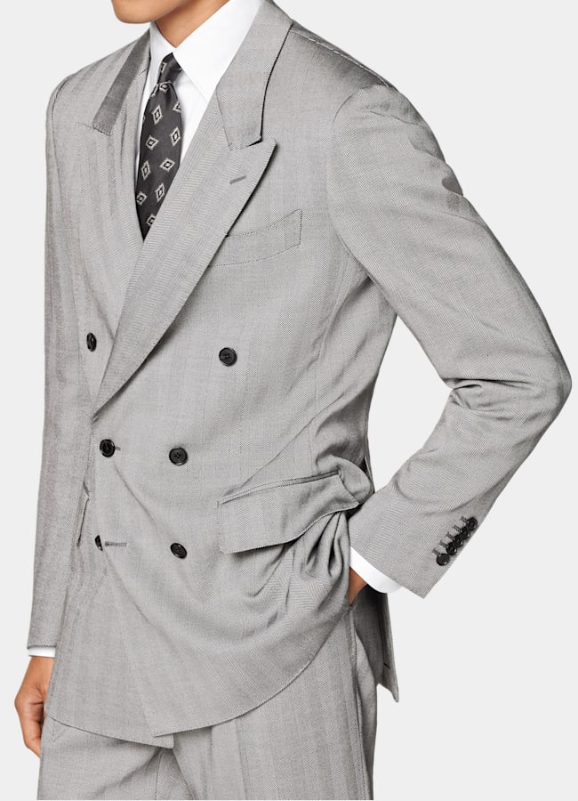 SUITSUPPLY All Season Wool Silk by Rogna, Italy Grey Herringbone Tailored Fit Milano Suit