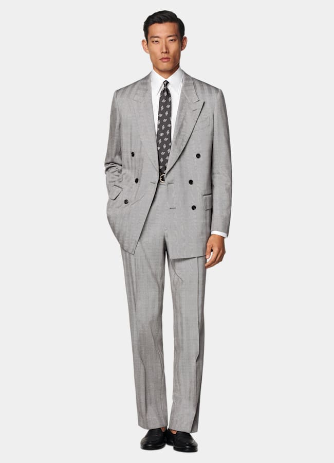 SUITSUPPLY All Season Wool Silk by Rogna, Italy Grey Herringbone Tailored Fit Milano Suit