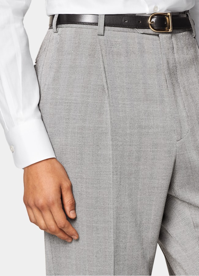 SUITSUPPLY All Season Wool Silk by Rogna, Italy Grey Herringbone Tailored Fit Milano Suit