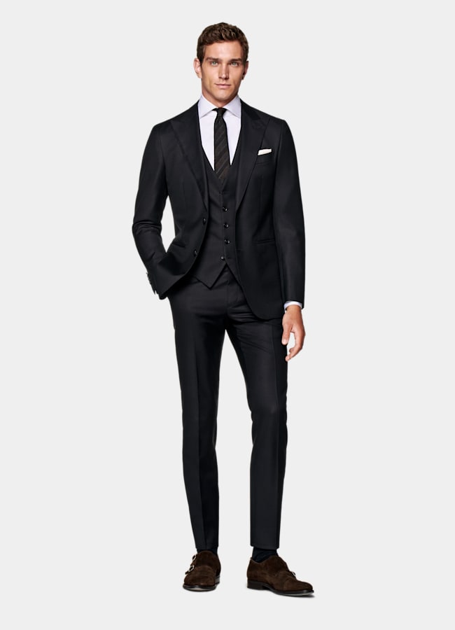 SUITSUPPLY All season Reine Schurwolle S110's von Vitale Barberis Canonico, Italien Havana Perennial Anzug navy dreiteilig Tailored Fit