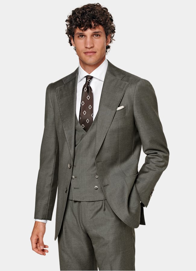 SUITSUPPLY All Season Pure S110's Wool by Vitale Barberis Canonico, Italy Dark Green Perennial Three-Piece Tailored Fit Havana Suit